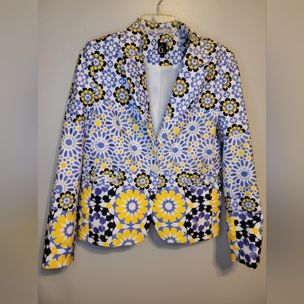 6 by Six Colorful Blue Yellow Single Button Lined Blazer Womens Size Medium